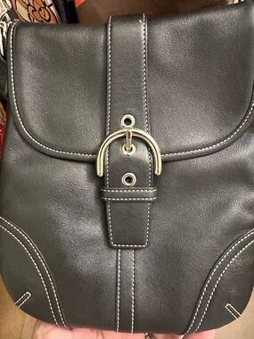 Vintage Coach black leather crossbody bag with white contrast stitching